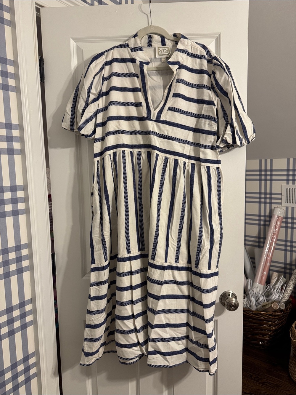 Sail to Sable Blue and White Striped V-Neck Tiered Dress